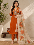 Elegant Rust Premium Roman Silk Embroidered Suit Set with Floral Dupatta