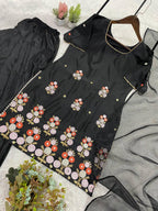 Elegant Black Crape Silk Embroidered Sharara Suit Set with Organza Dupatta