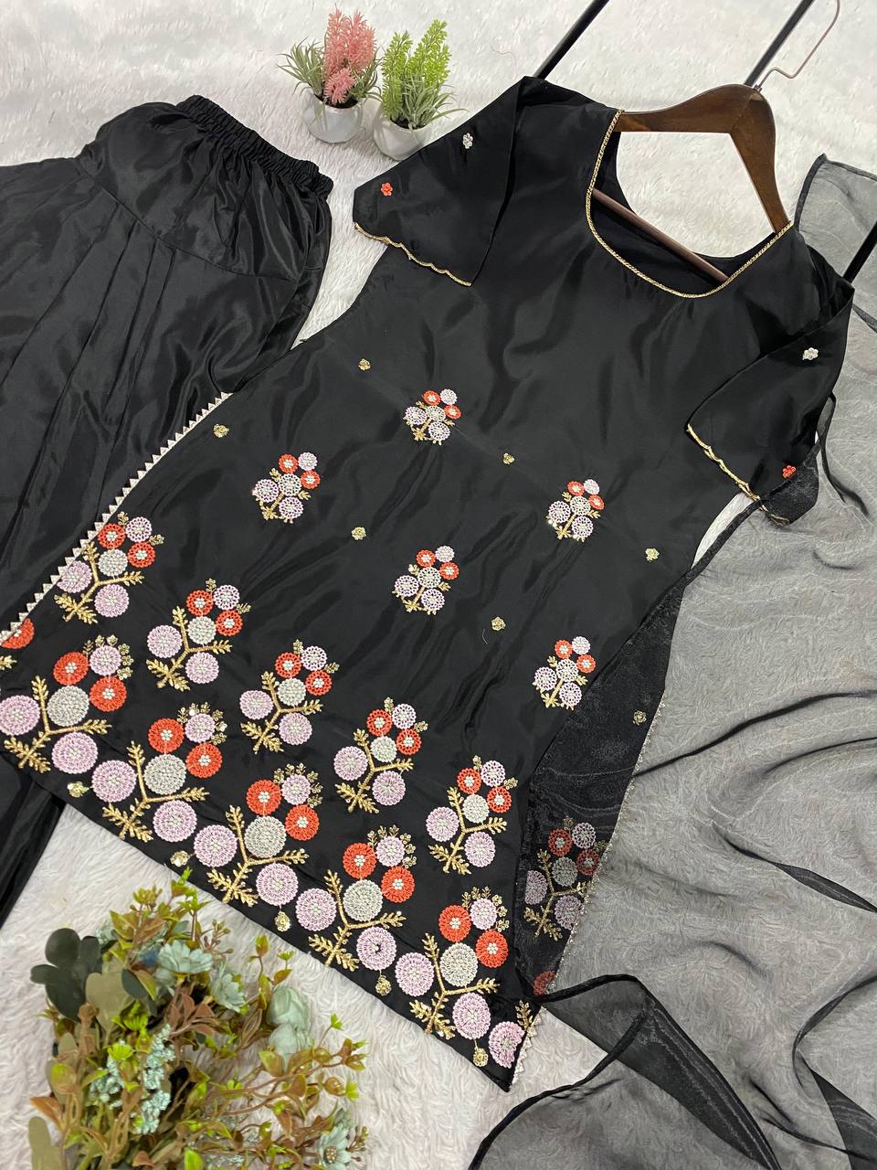 Elegant Black Crape Silk Embroidered Sharara Suit Set with Organza Dupatta