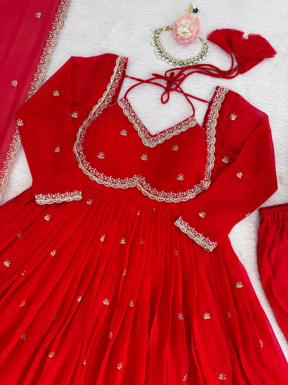 Neha Elegant Red Faux Georgette Anarkali Suit Set