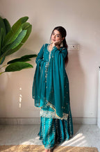 Festive Teal Green Fox Georgette Designer Suit Set with Embroidered Dupatta