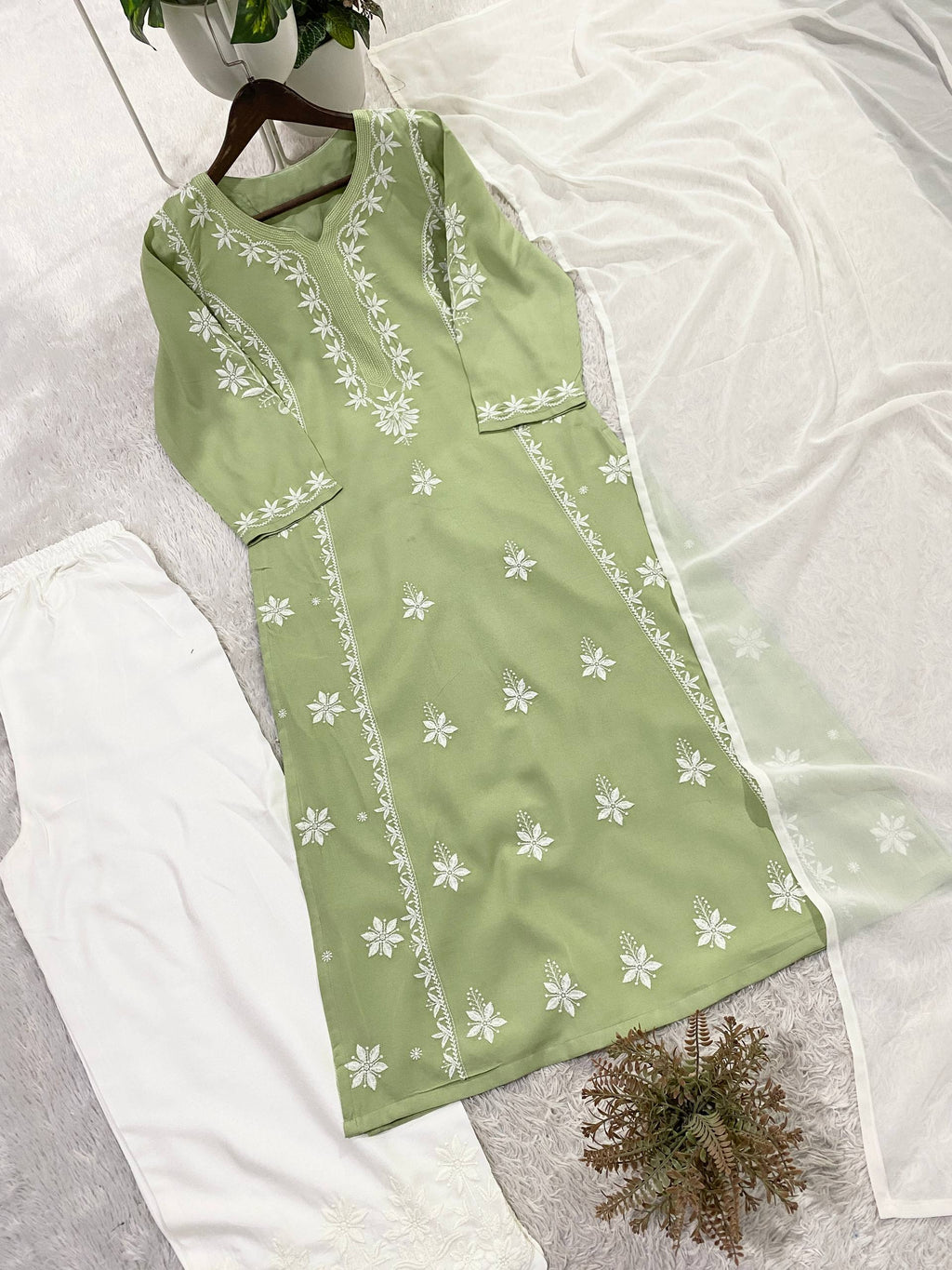 Elegant Sage Green Rayon Embroidered Suit Set With Dupatta
