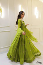 Attractive Parrot Green Georgette Embroidery Anarkali Gown with Dupatta