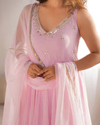 Blush Pink Faux Georgette Embroidered Anarkali Suit Set with Mirror Work Neckline