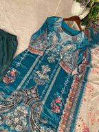 Elegant Teal Blue Chinon Printed Suit Set with Real Mirror Work