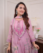 Festive Printed Hand Embroidery Soft Muslin Suit Set