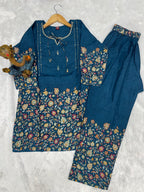 Elegant Teal Blue Designer Pure Cotton Co-ord Set