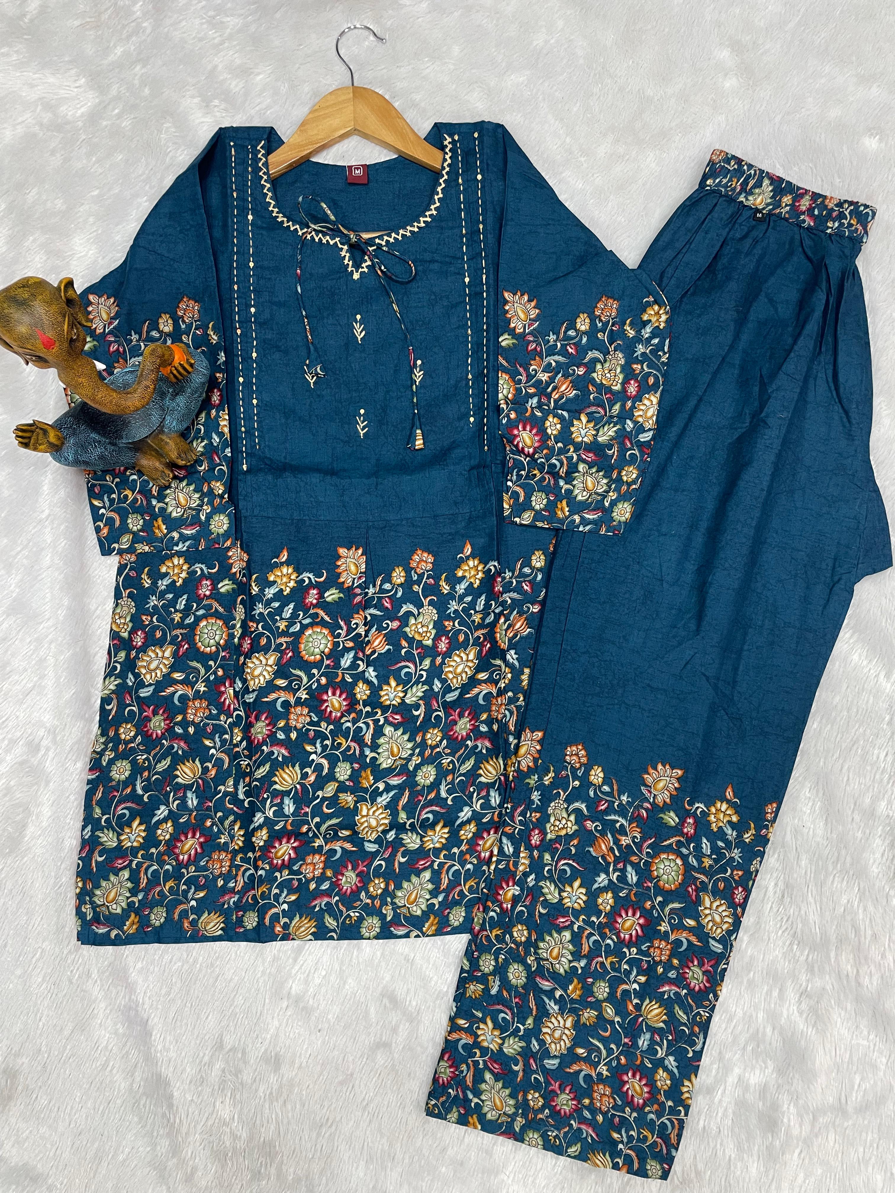 Elegant Teal Blue Designer Pure Cotton Co-ord Set