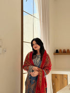 Elegant Blue Printed Chinon Anarkali Suit Set With Diamond Work