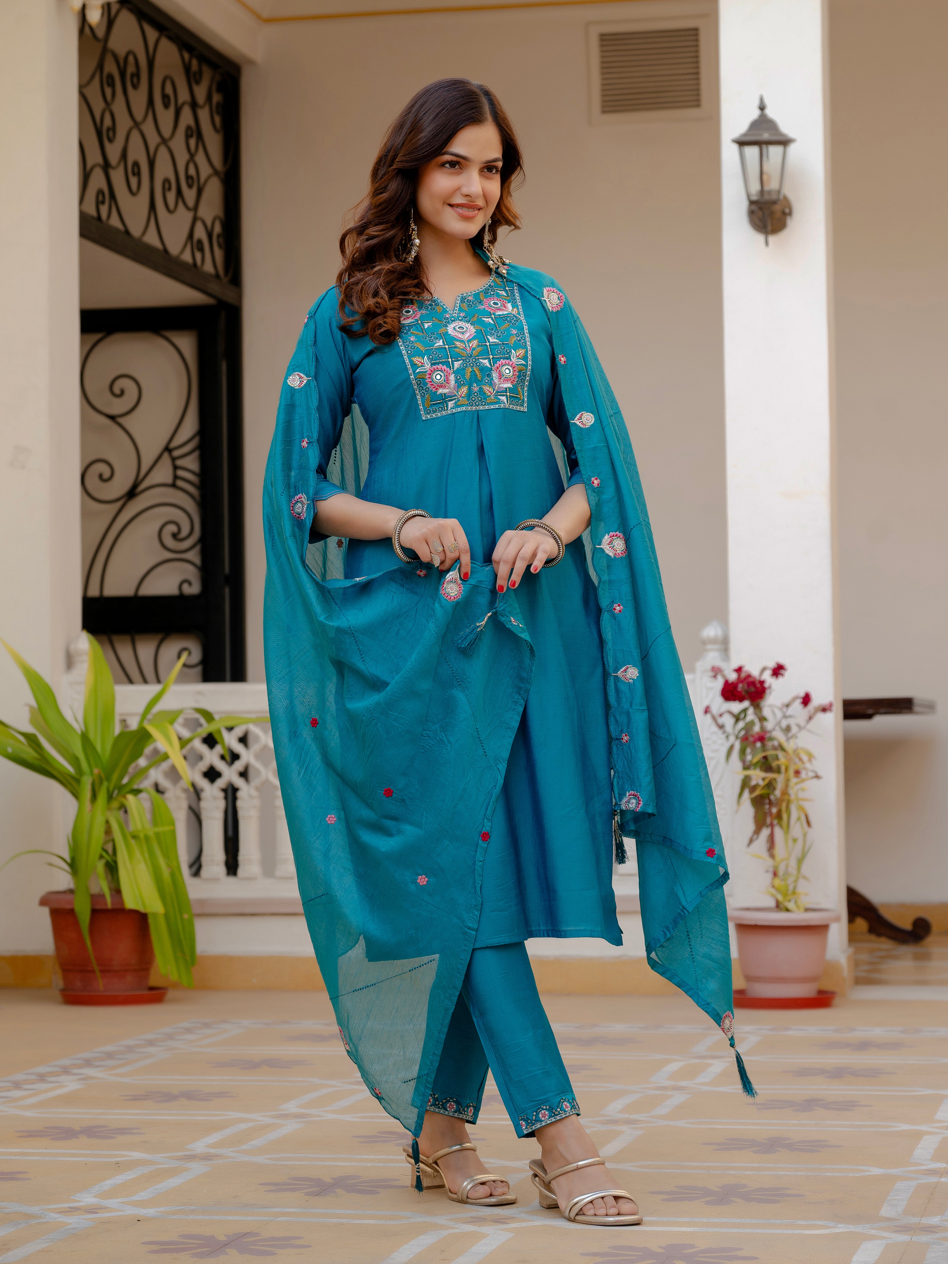 Very Attractive Firozi  Pure Viscose Mango Silk Embroidered Kurta Set with Dupatta