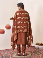 Premium Brown Roman Silk Embroidered Kurti Pant Dupatta Set