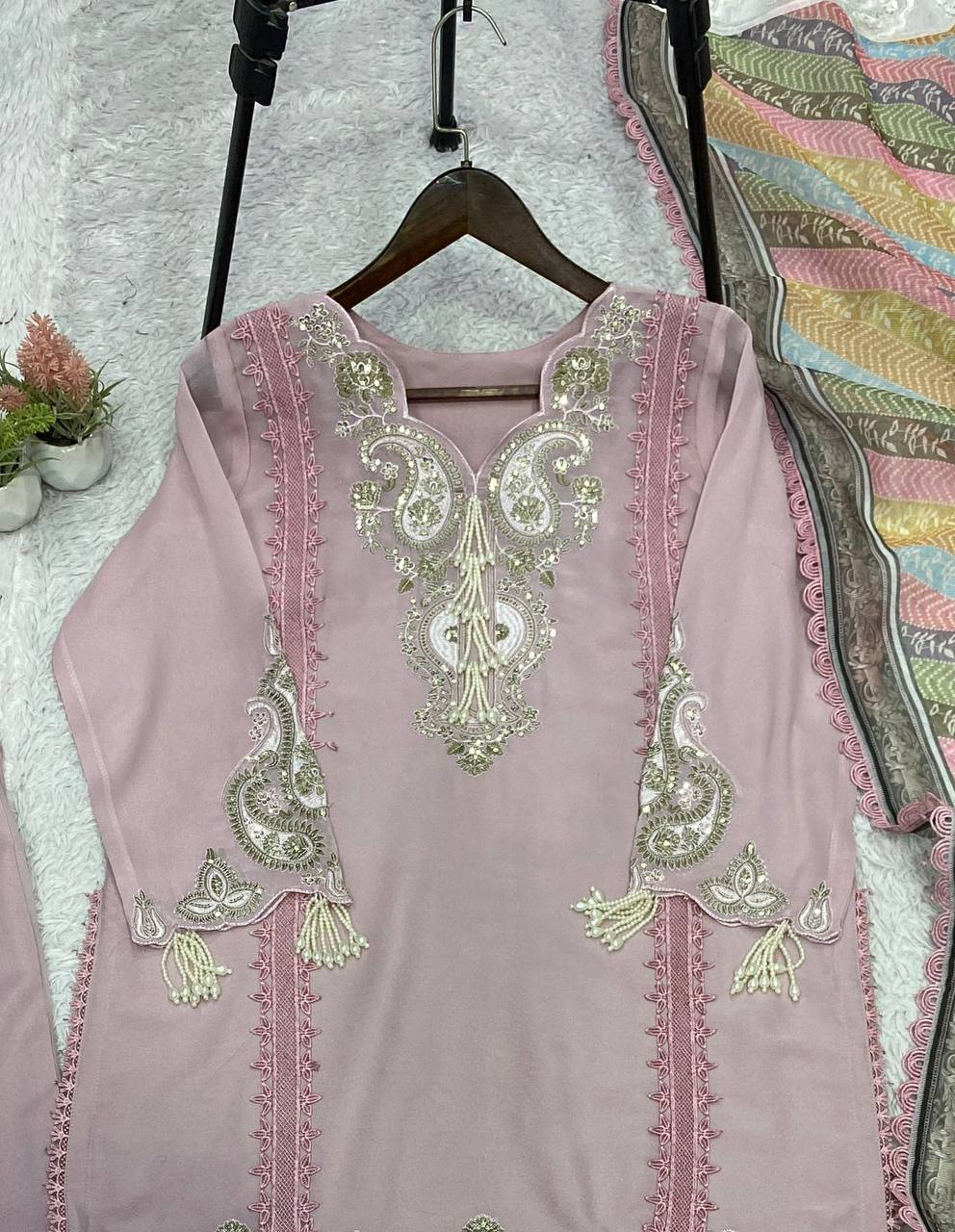 Elegant Star Georgette Embroidered Salwar Suit with Multicolor Chevron Dupatta