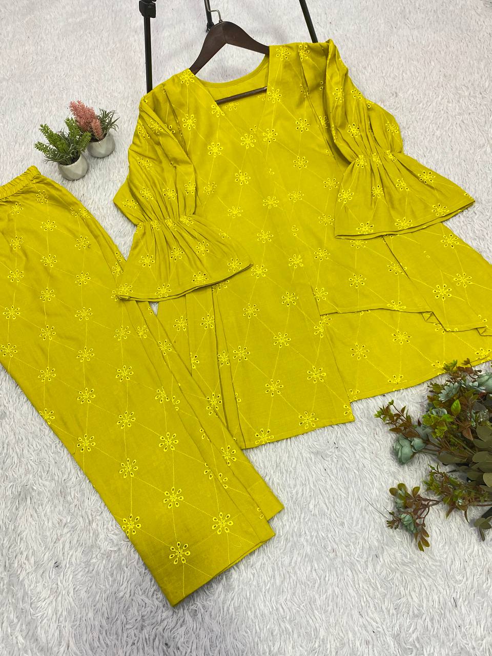 New Designer Lime Green Embroidered Cotton Co-ord Set