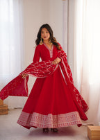 Cherry Red Luxury Festive Anarkali gown Suit with Intricate Silver Embroidery