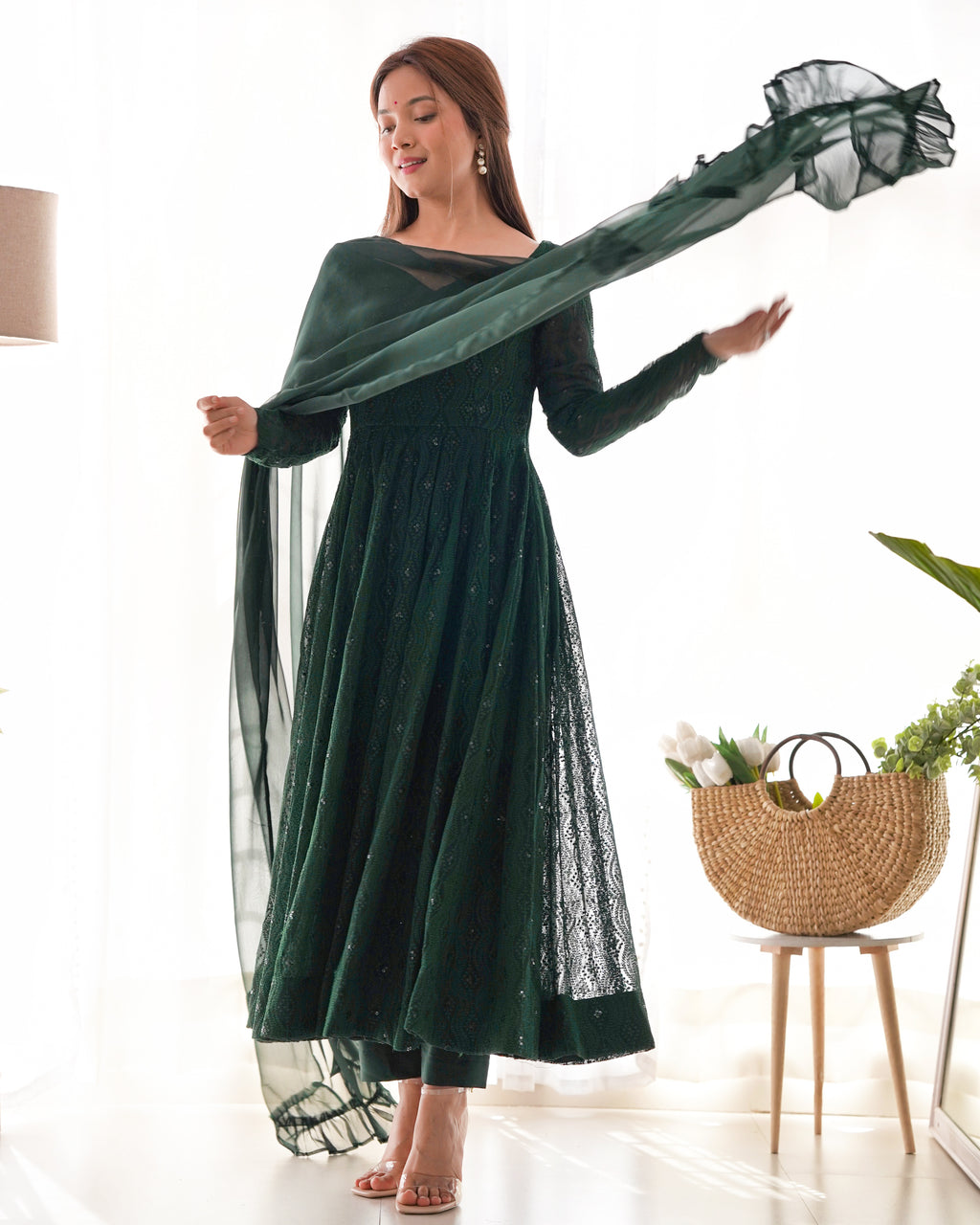 Emerald Grace Soft Georgette Silk Anarkali Suit Set with Ruffle Dupatta