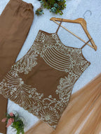 Elegant Brown Sequin Embroidery Coss Moss Sharara Suit Set