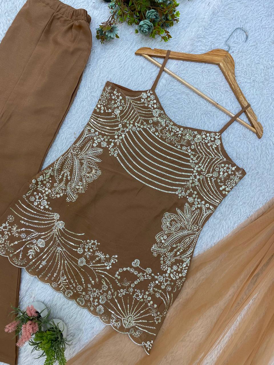 Elegant Brown Sequin Embroidery Coss Moss Sharara Suit Set