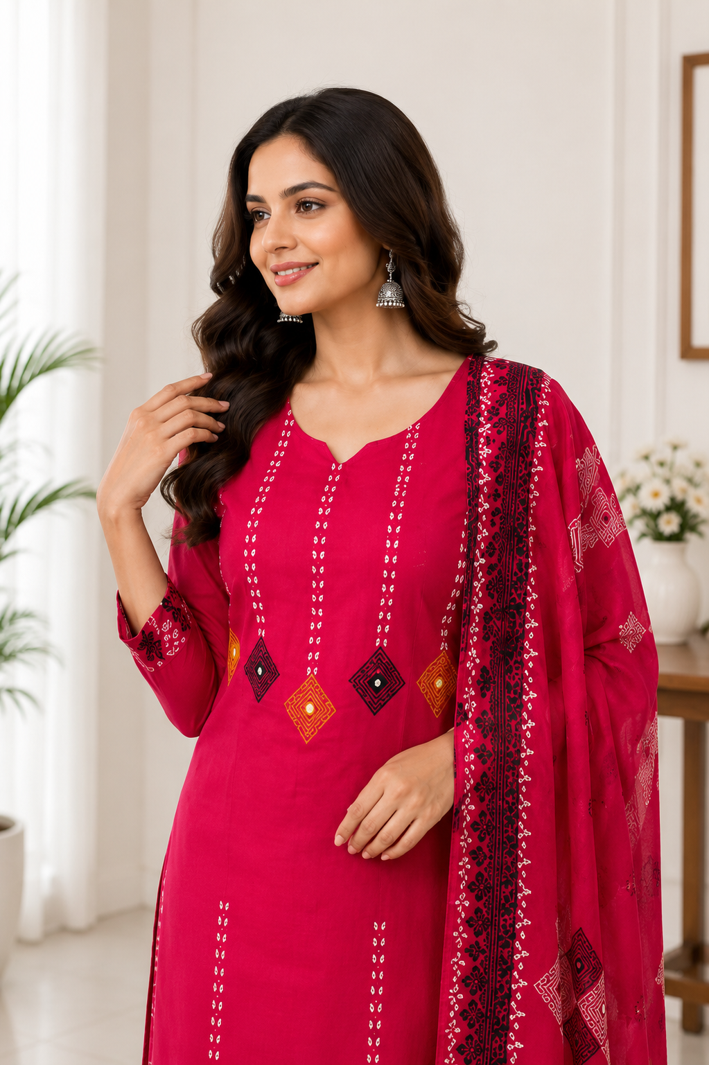 Attractive Rani Pink Pure Cotton Ethnic Suit Set with Hand Block Print Work