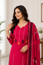 Attractive Rani Pink Pure Cotton Ethnic Suit Set with Hand Block Print Work