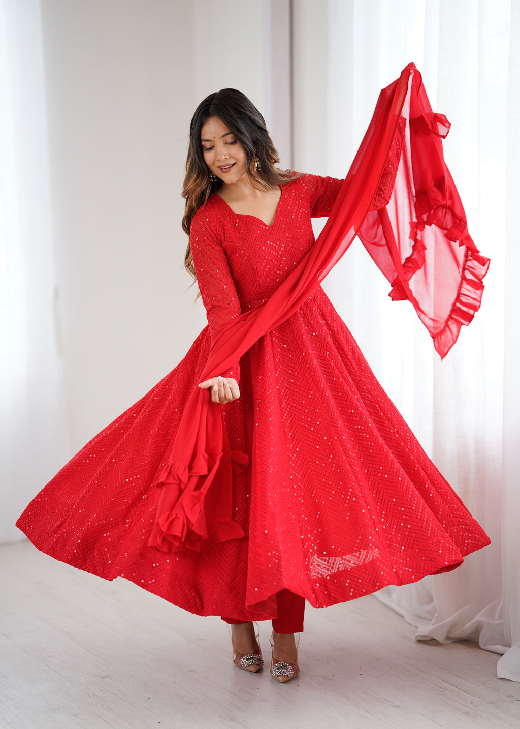 Designer Embroidered Soft Fox Georgette Anarkali Suit Set with Dupatta