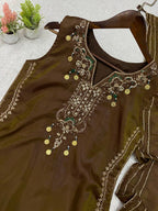 Chocolate Brown Coss Moss Salwar Suit Set with Sequin Embroidery