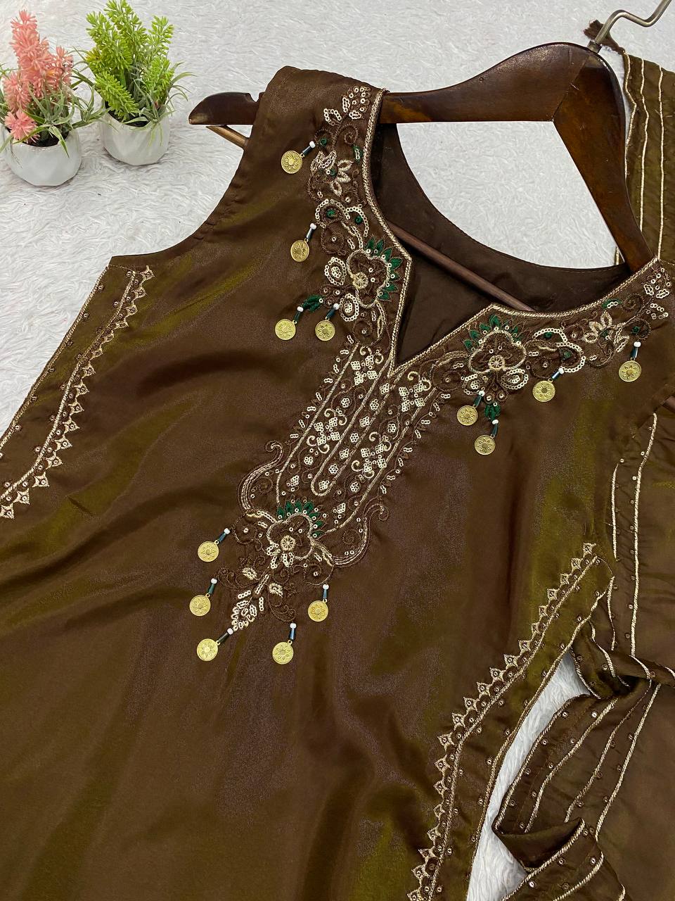 Chocolate Brown Coss Moss Salwar Suit Set with Sequin Embroidery