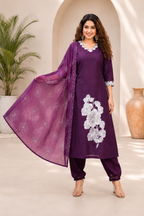 Very Attractive Royal Purple Floral Embroidered Cotton Suit Set