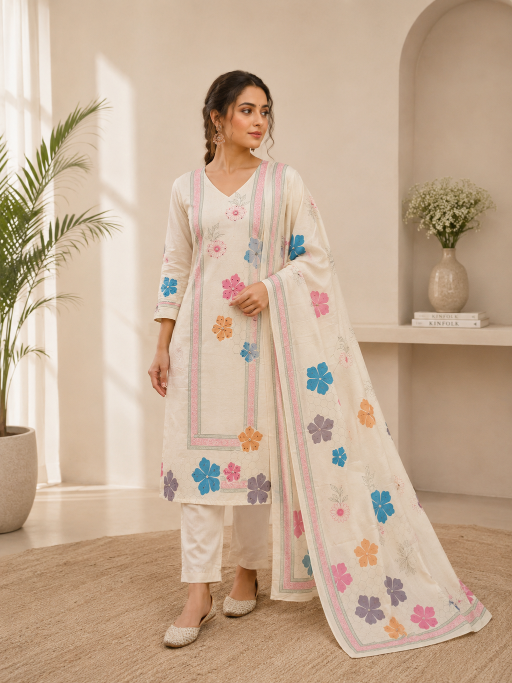 Very Attractive Pure Khadi Cotton Multi-Thread Handwork A-Line Kurta Set