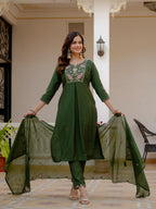 Elegant Green Mango Silk Suit Set with Floral Embroidery