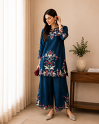 Premium Teal Blue French Crepe Embroidered Co-ord Set