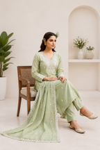 Pista Green Pure Mul Chanderi Embroidered A-Line Suit Set with Dupatta