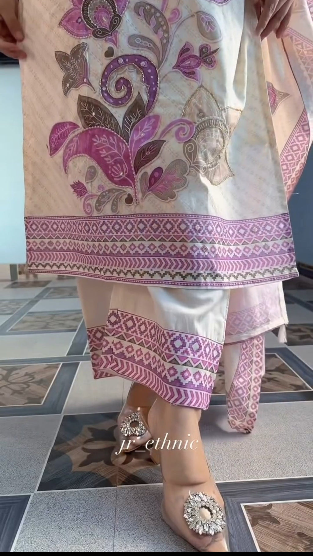 Very Attractive Pure Soft Raspberry Silk Suit Set with Floral Prints and Tassels