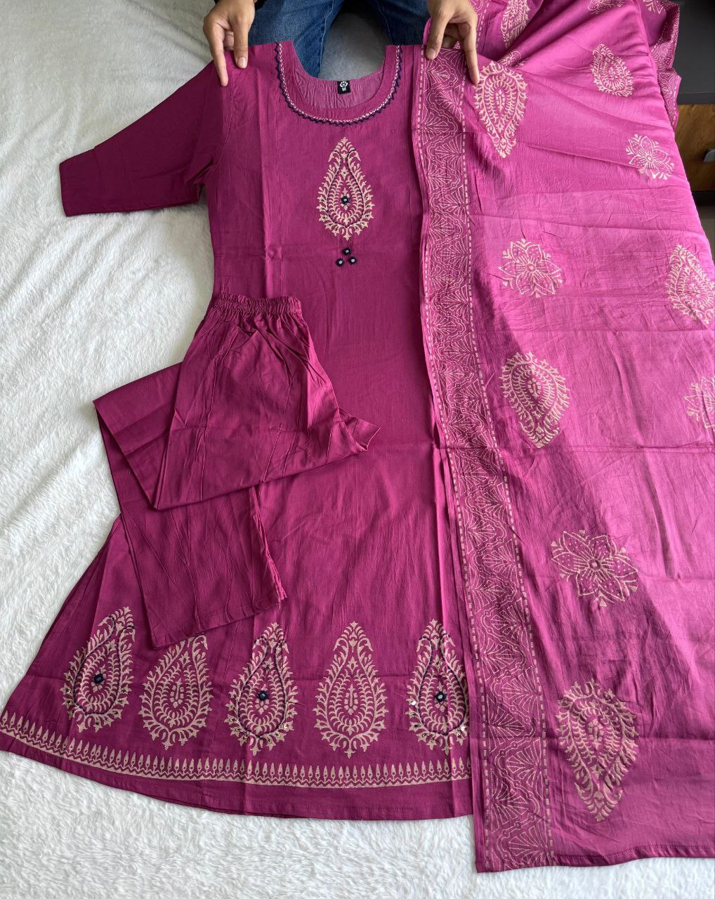 Catchy Rouge Pure Cotton Suit Set With Mirror Hand Work