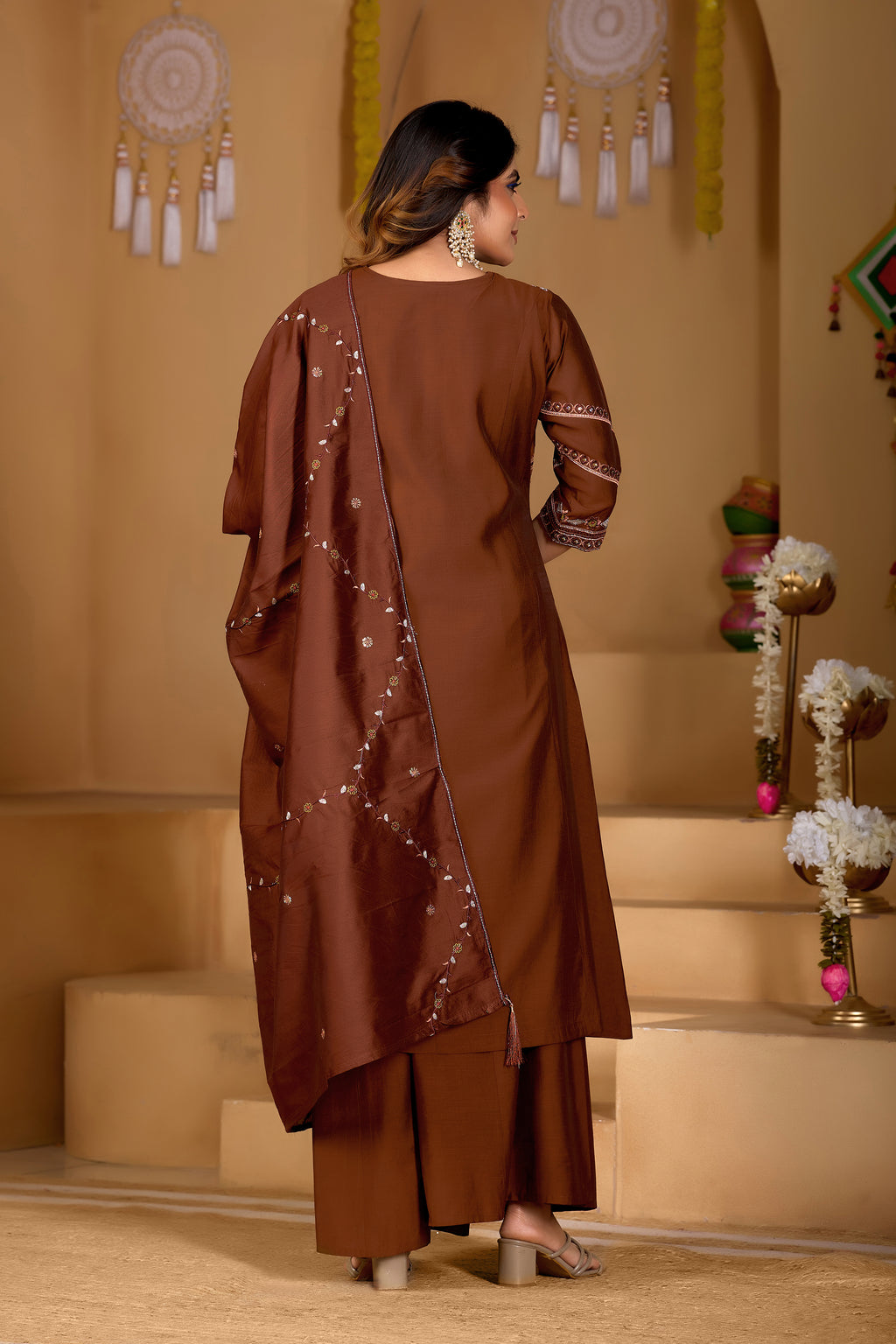 Elegant Coffee Brown Viscose Mango Silk Embroidered Suit Set