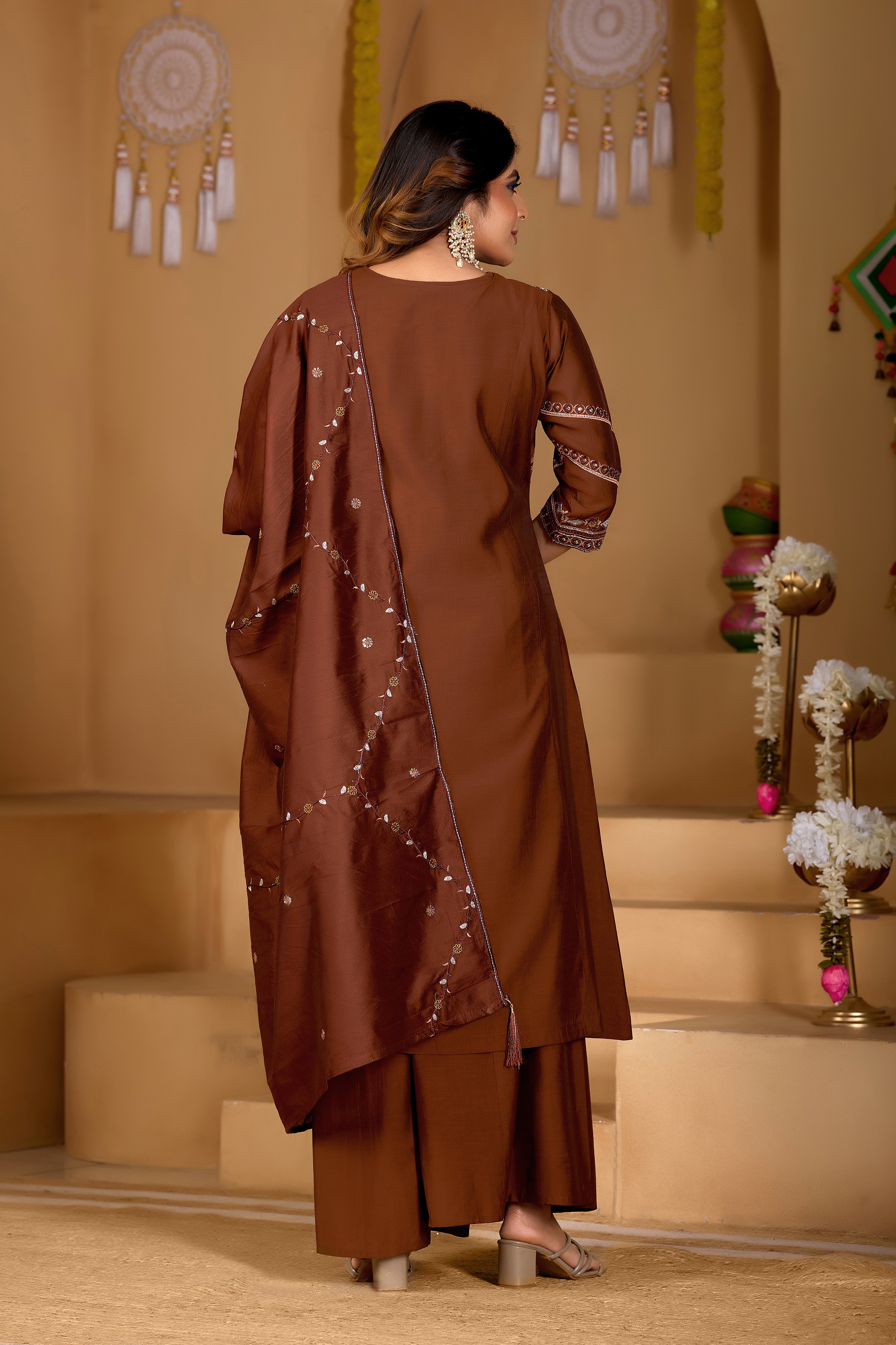 Elegant Coffee Brown Viscose Mango Silk Embroidered Suit Set