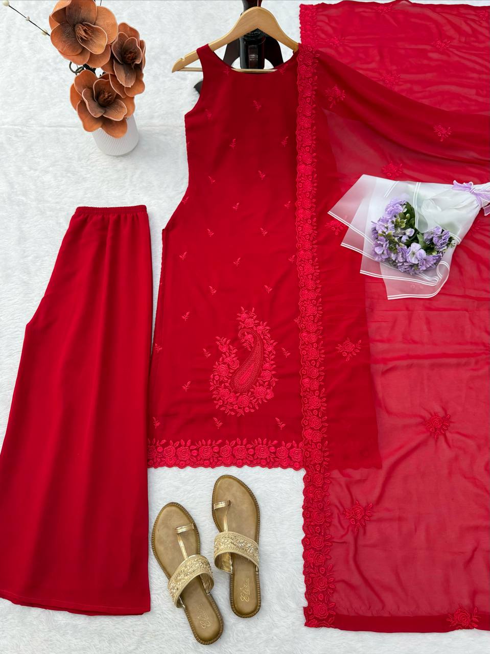 Premium Ruby Red Faux Georgette Festive Suit Set