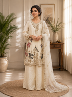 Very Beautiful Cream Fendy Silk Suit Set with Peacock Sequins Embroidery