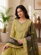 Very Beautiful Lime Green Handwork Premium Mul Chanderi Suit Set