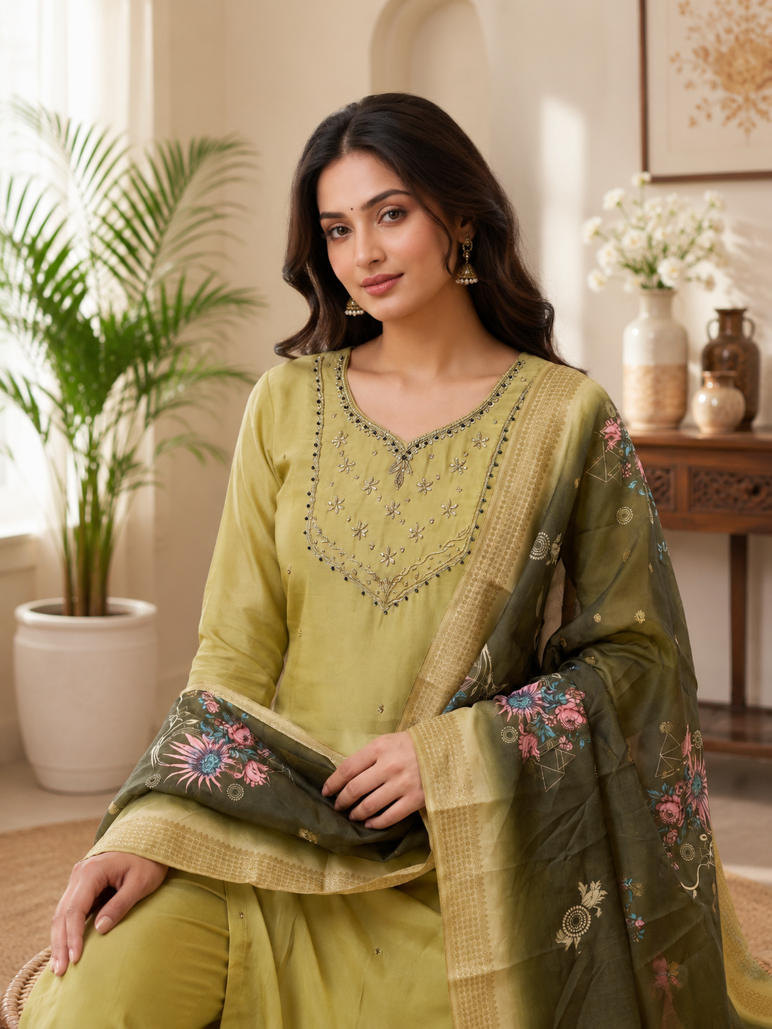 Very Beautiful Lime Green Handwork Premium Mul Chanderi Suit Set