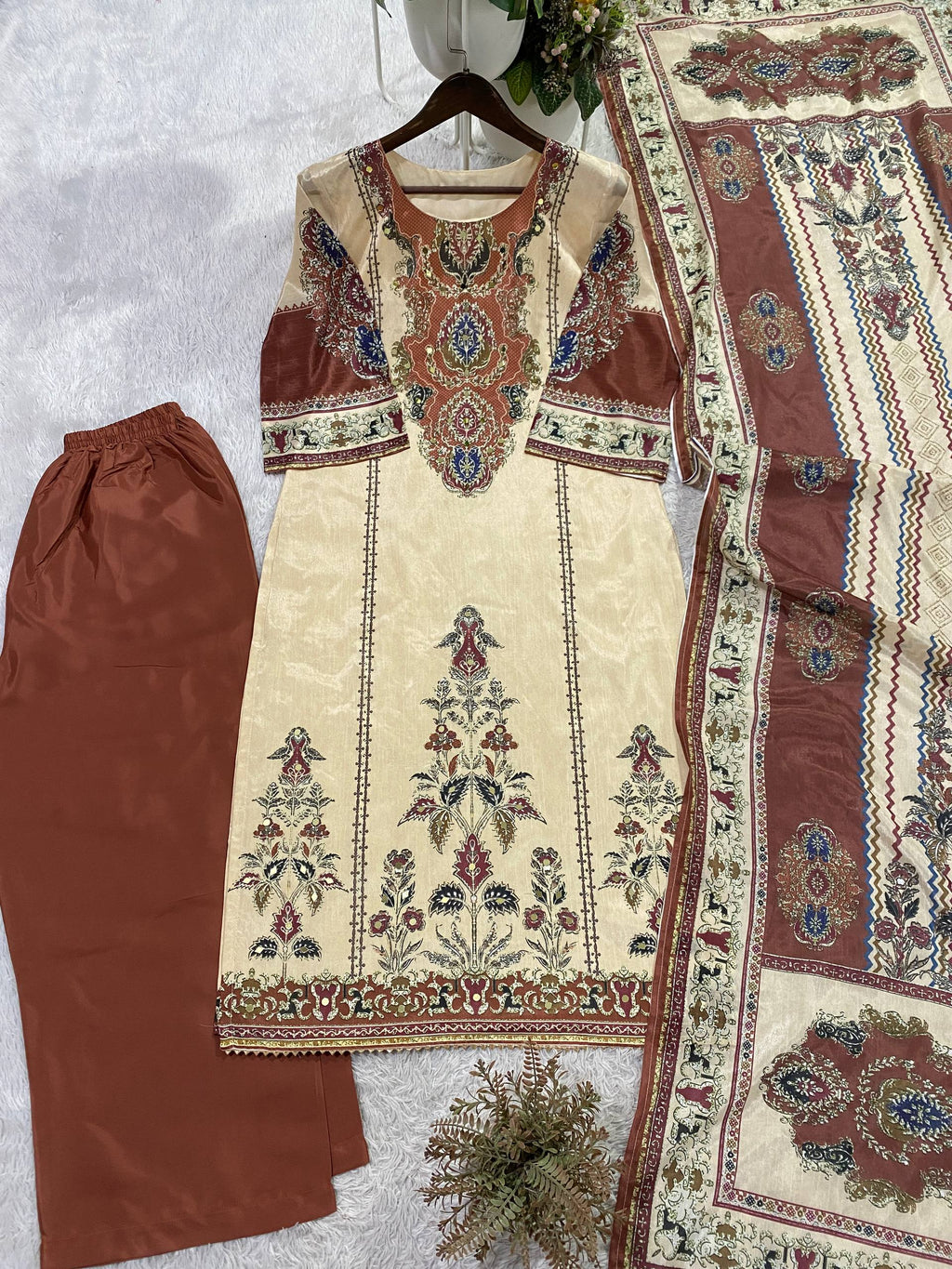 Very Attractive Beige and Maroon Printed Chinon Suit Set With Mirror Work