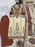 Very Attractive Beige and Maroon Printed Chinon Suit Set With Mirror Work