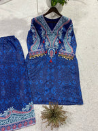 Designer Royal Blue Printed Crepe Silk Co-ord Set With Yoke Tassels
