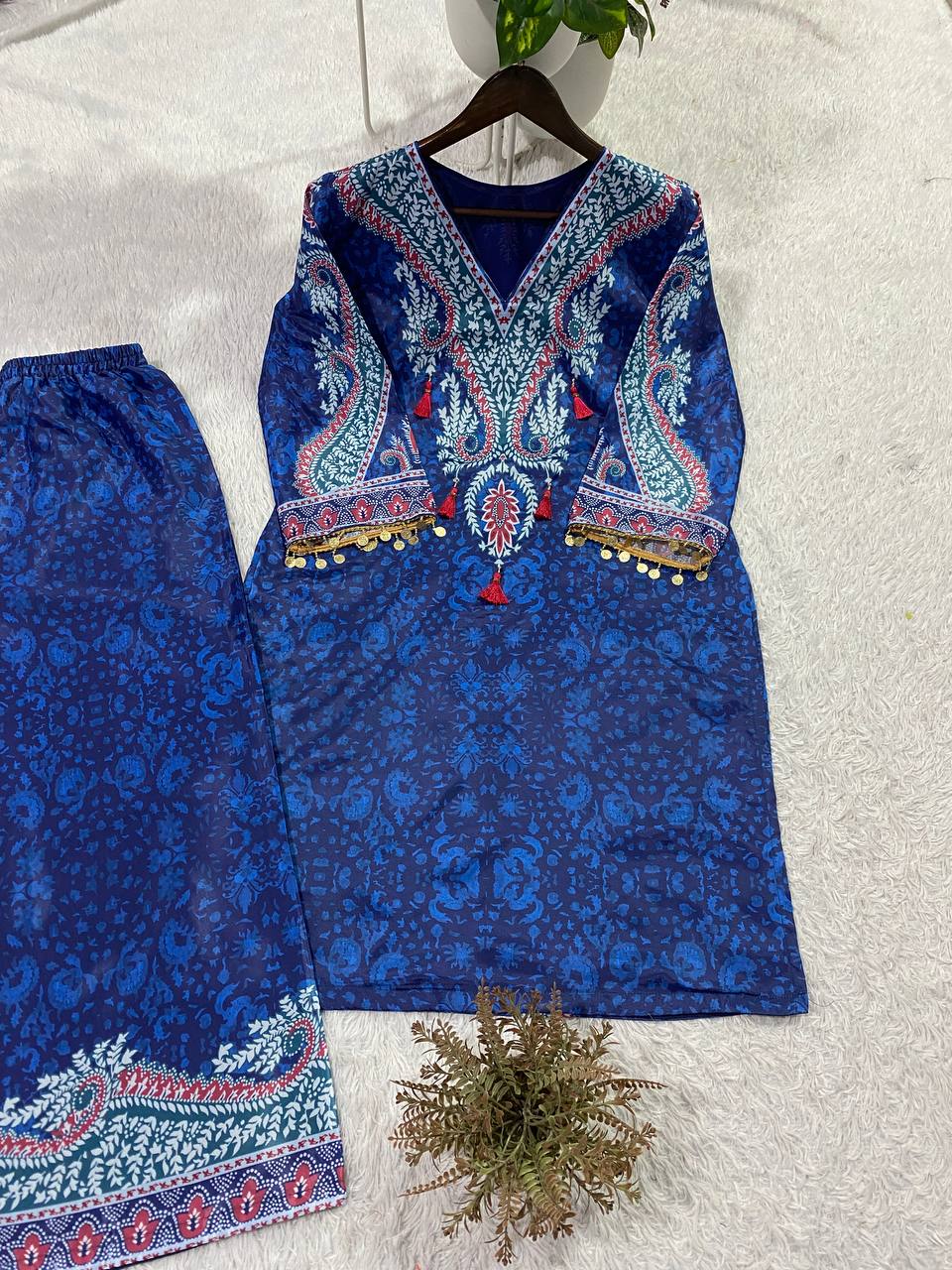 Designer Royal Blue Printed Crepe Silk Co-ord Set With Yoke Tassels