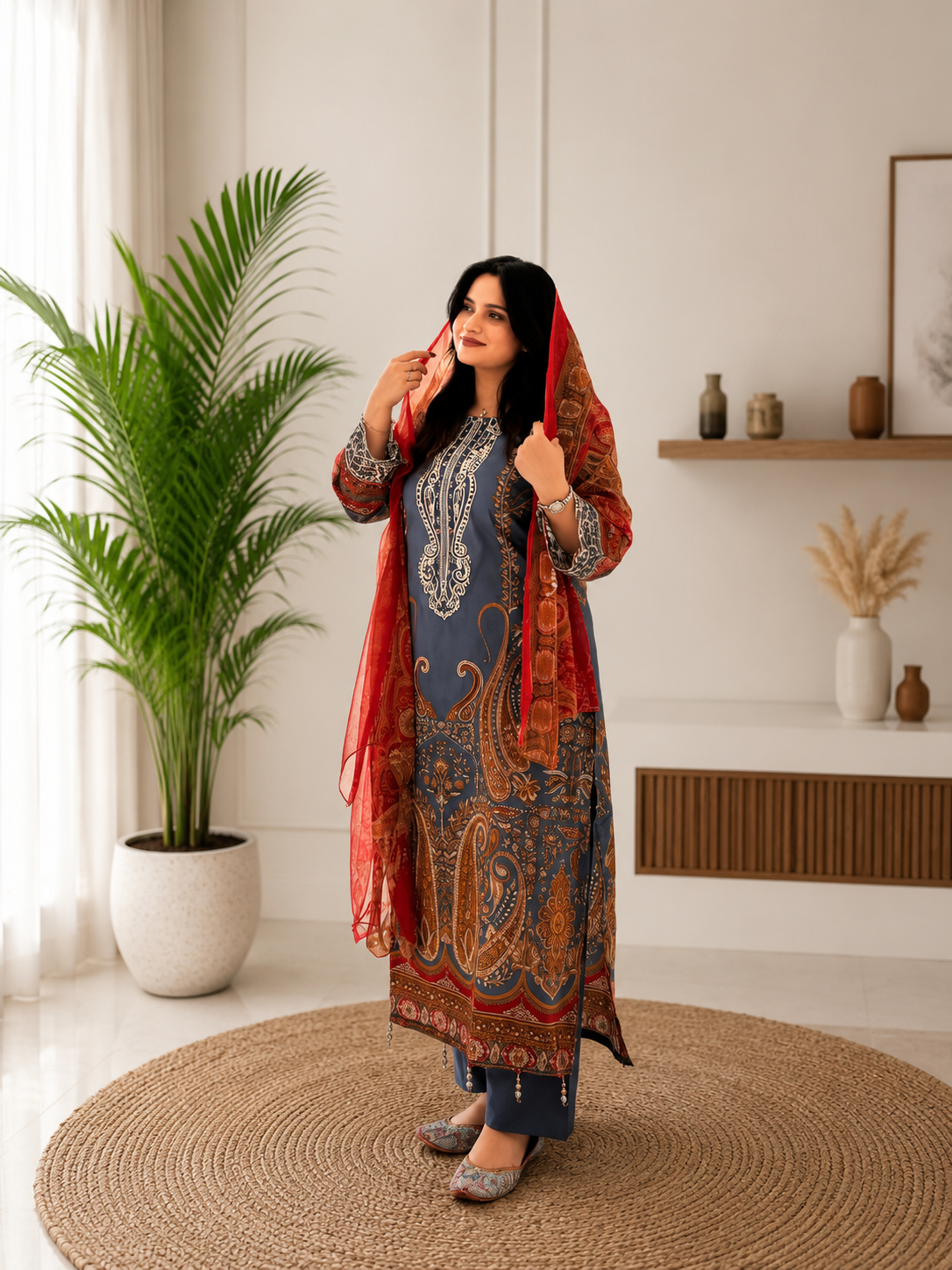Elegant Blue Printed Chinon Anarkali Suit Set With Diamond Work