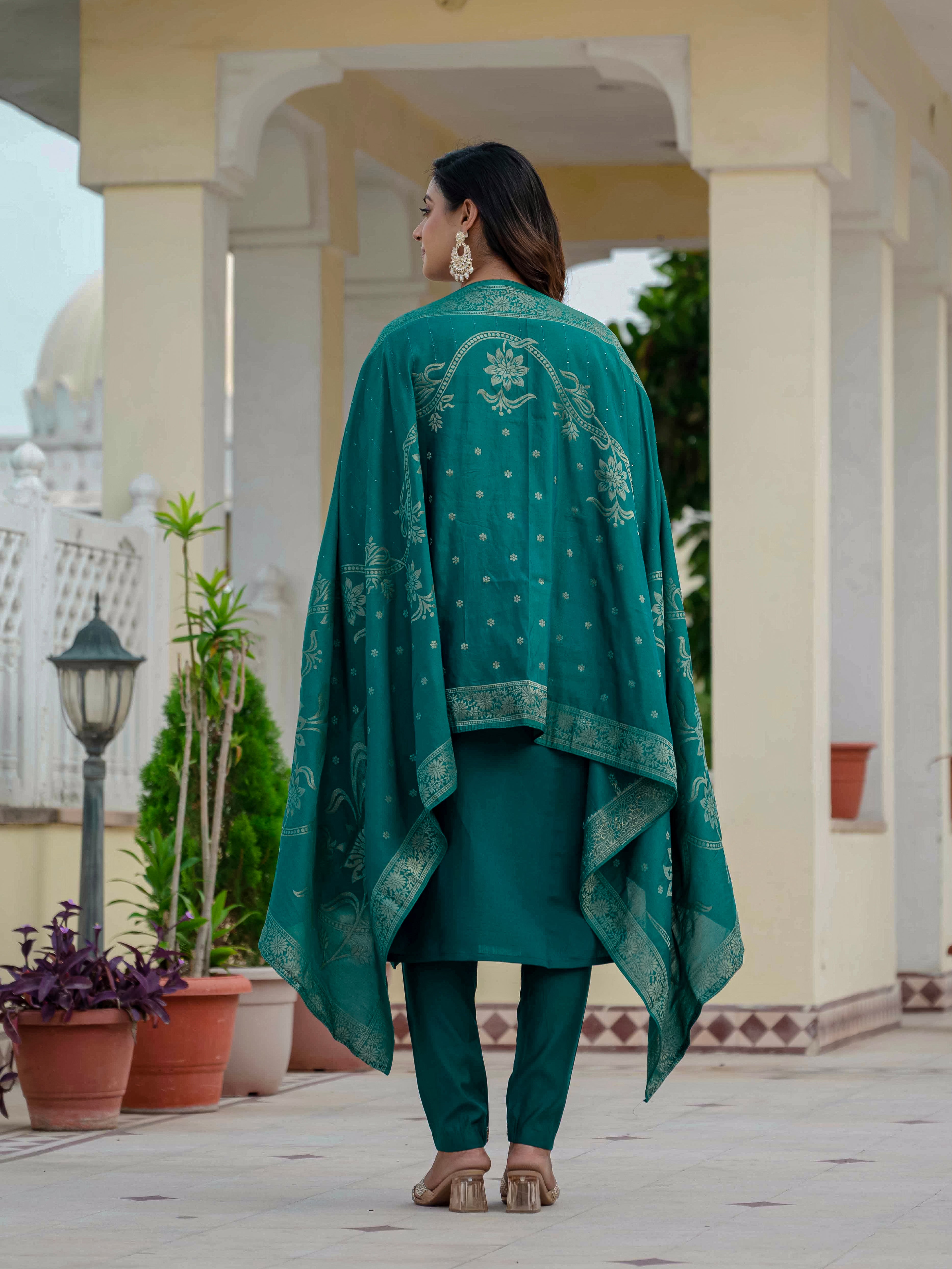 Traditional Roman Silk Embroidered Suit Set with Dupatta