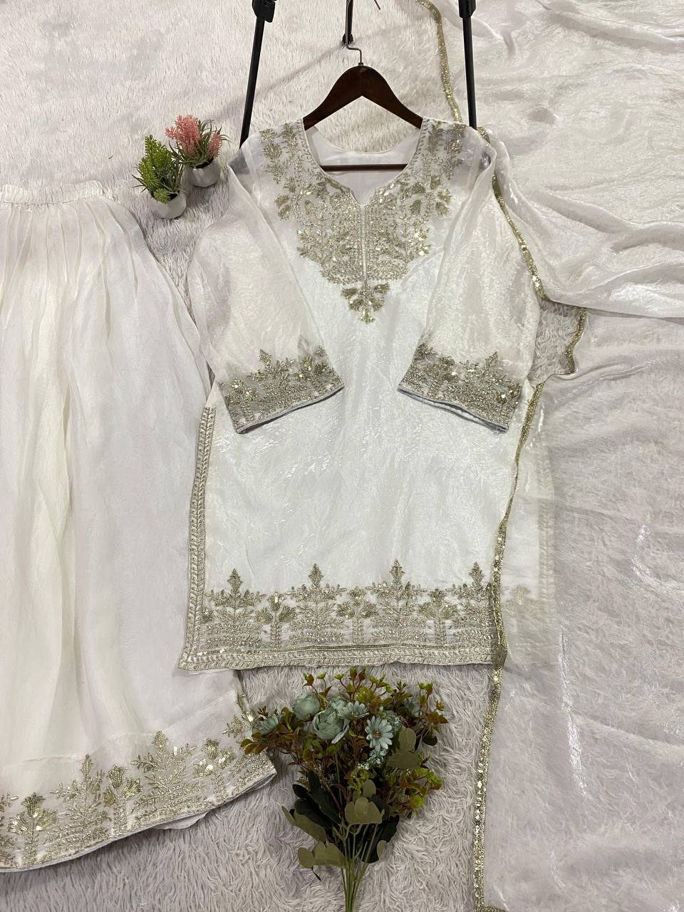Very Attractive White Fandy Silk Embroidered Suit Set with Dupatta
