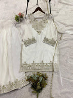 Very Attractive White Fandy Silk Embroidered Suit Set with Dupatta