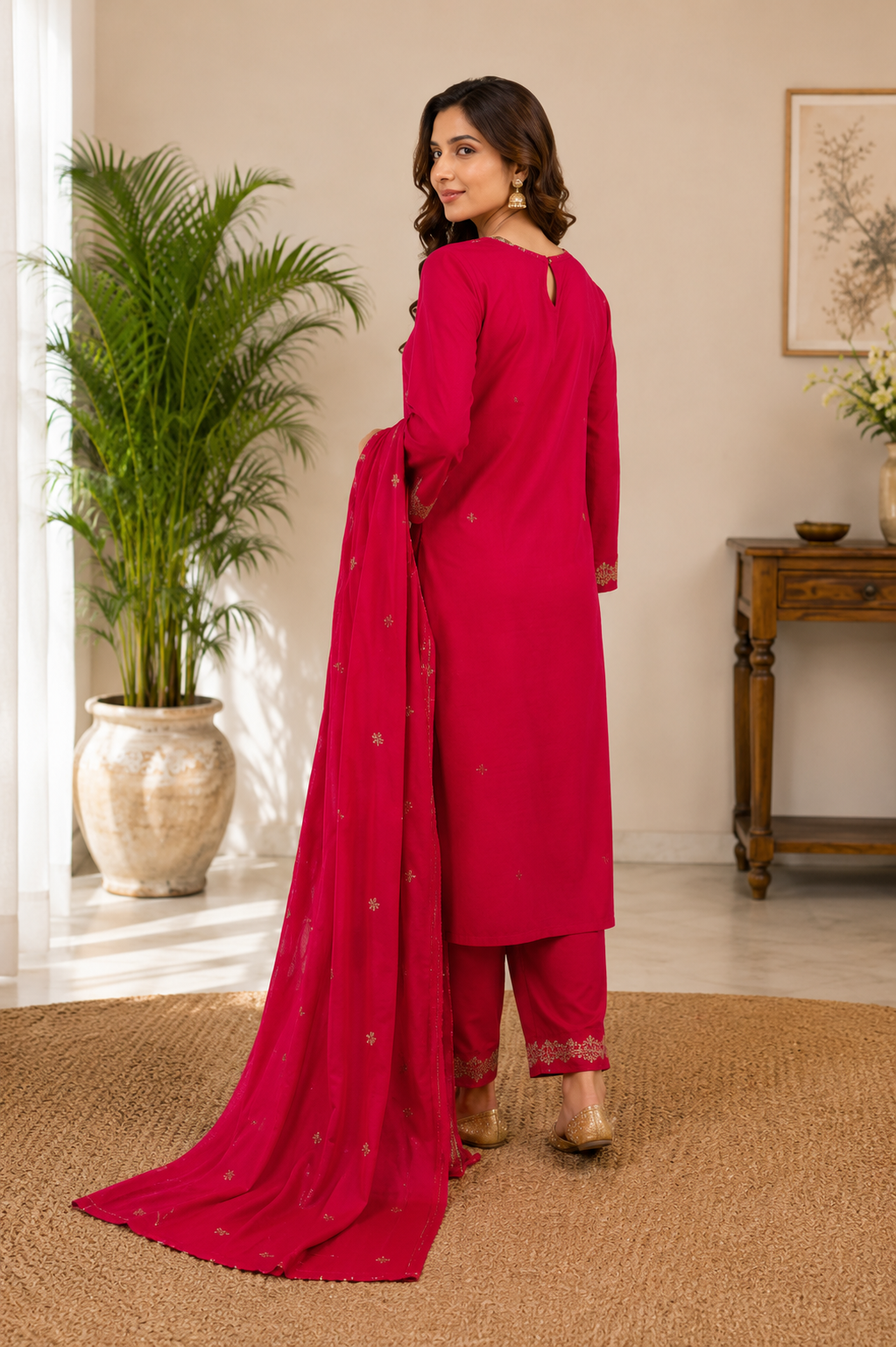 Elegant Red Embroidered Roman Silk Suit Set with Dupatta