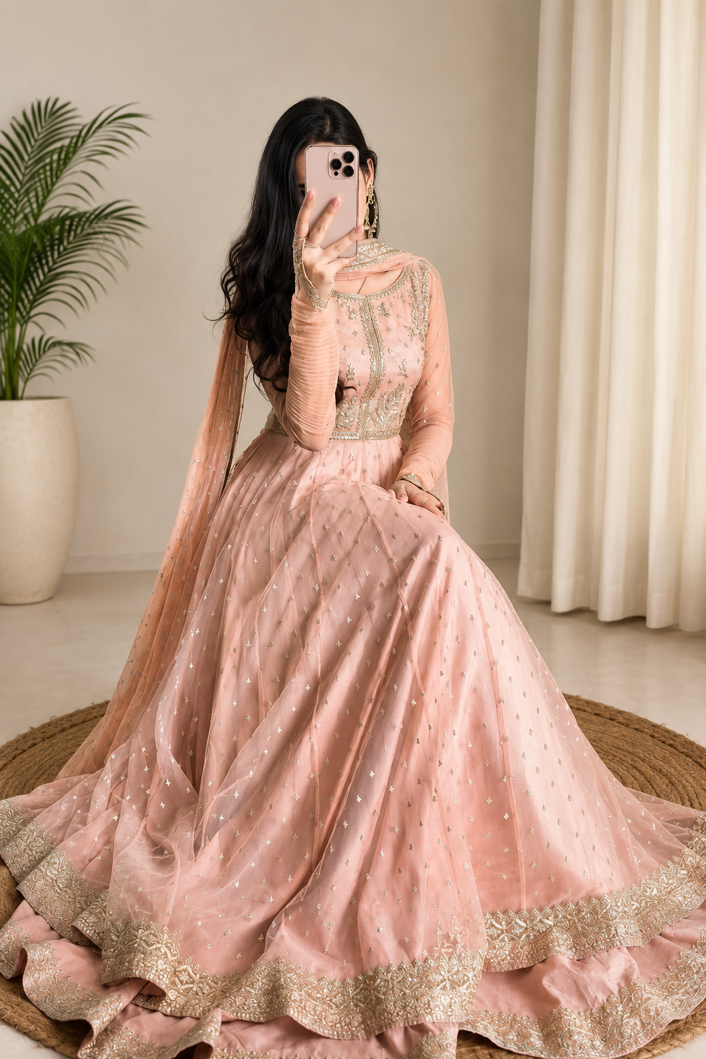 Peach Faux Georgette Thread and Sequence Anarkali Suit Set