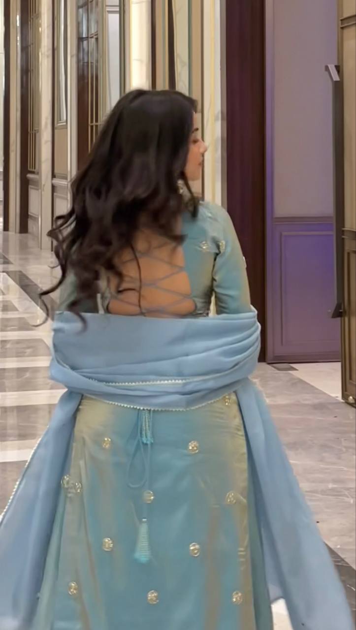 Elegant Sky Blue Fandy Silk Sharara Set With Sequence Work